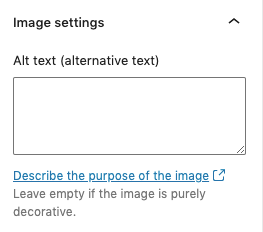 Screenshot of the Alt text field in the WordPress Inspector Panel.